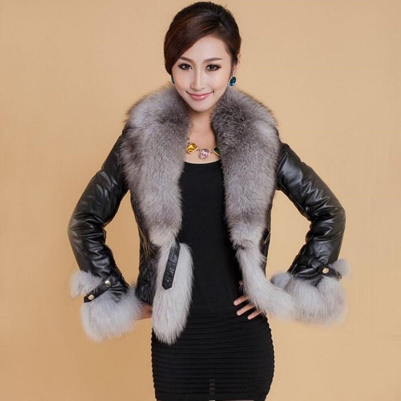 Stylish Leather Coat For Women | Fox Fur Collar Jacket