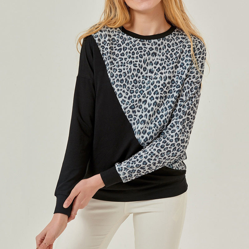 Women’s Leopard Print Patchwork Sweater – Casual Contrast Color Knit Top