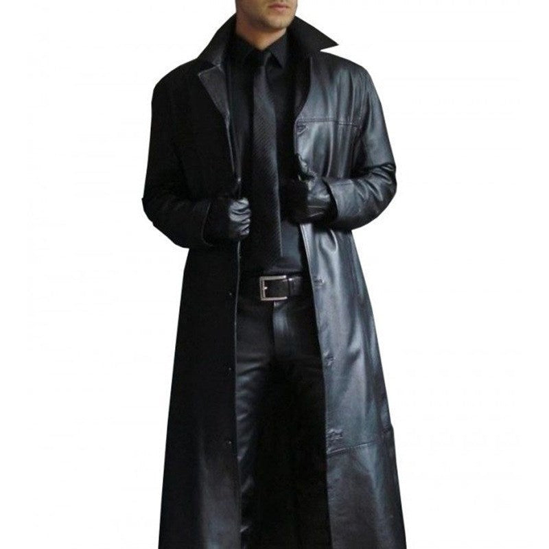 Chaqueta de cuero larga con solapas ajustadas para hombre | Para invierno