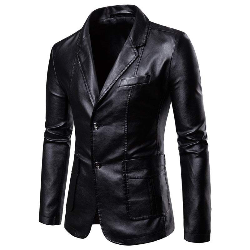 Men's Brown Slim Lapel All-match PU Small Suit Men's Lapel Leather Suit Leather Jacket