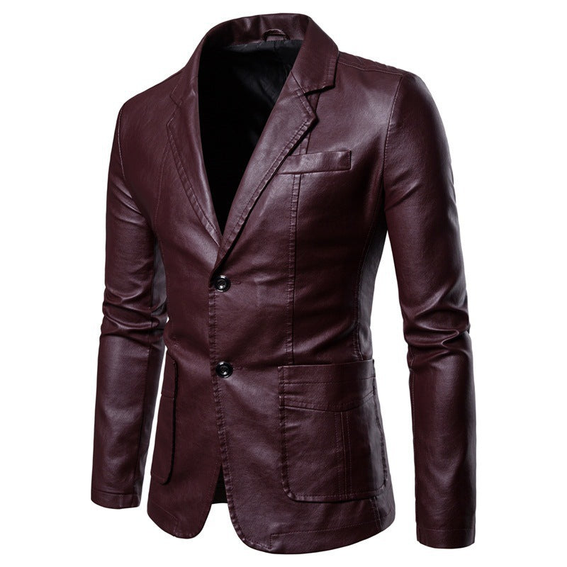 Men's Brown Slim Lapel All-match PU Small Suit Men's Lapel Leather Suit Leather Jacket