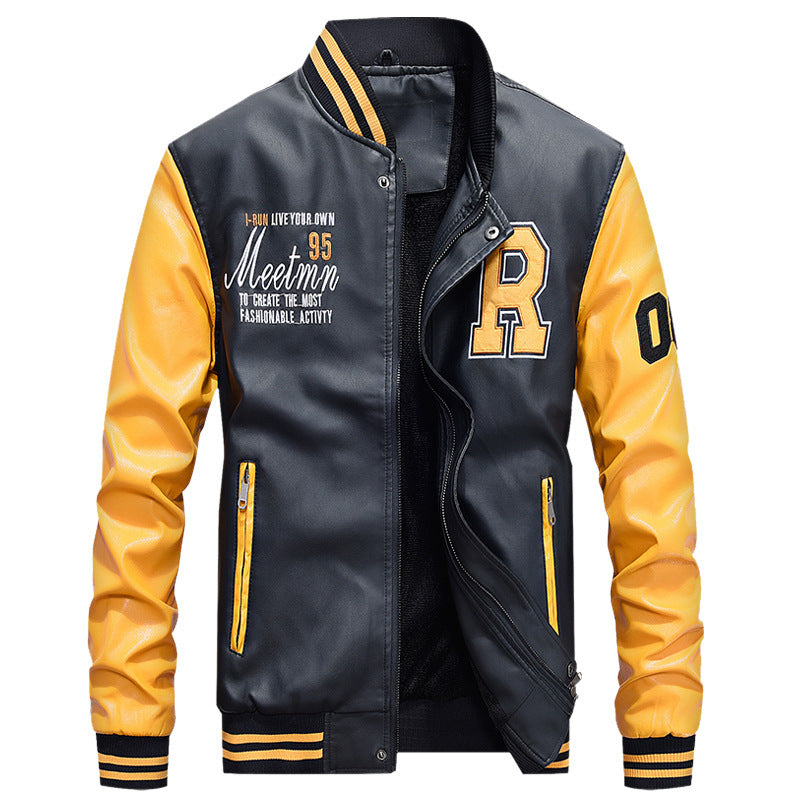 Men's Yellow PU Leather Casual jacket For University Outfit