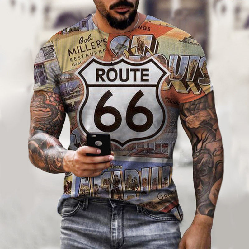 European And American Men's Route 66 Printed Casual Round Neck T-Shirt