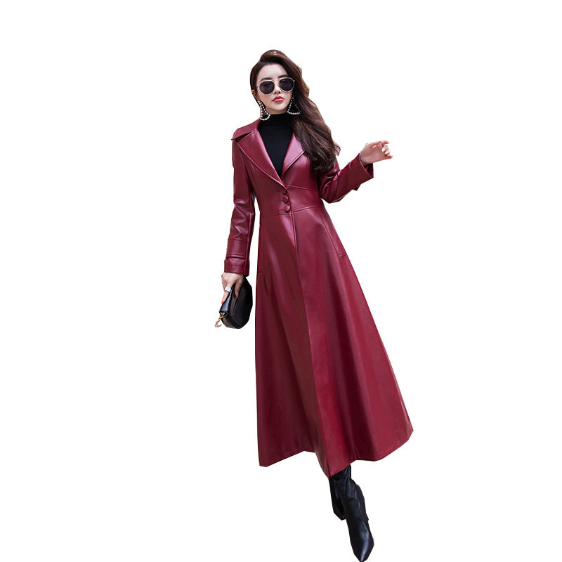 Women's Single-breasted leather trench coat autumn slim European and American over the knee lapel