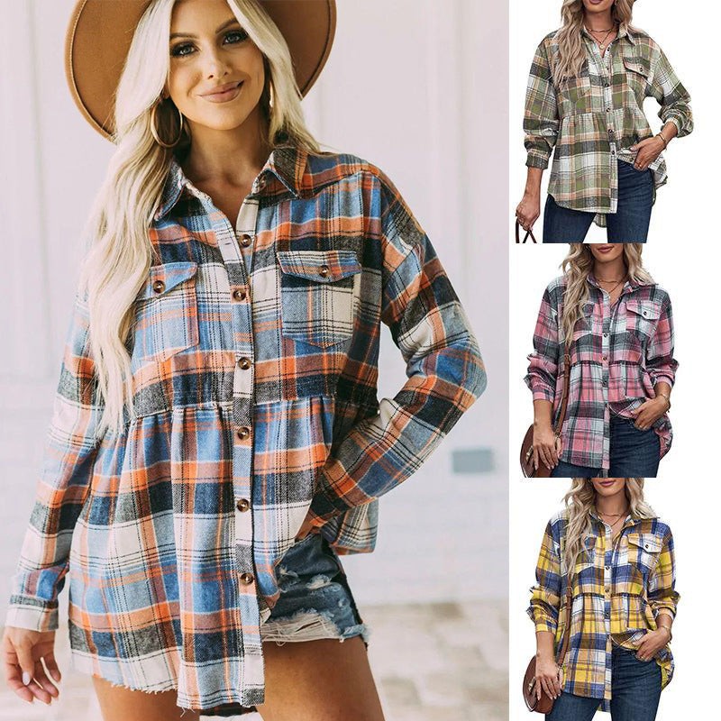 Women's Casual Check Sexy Shirt In Europe And America | Orange And Other Colors