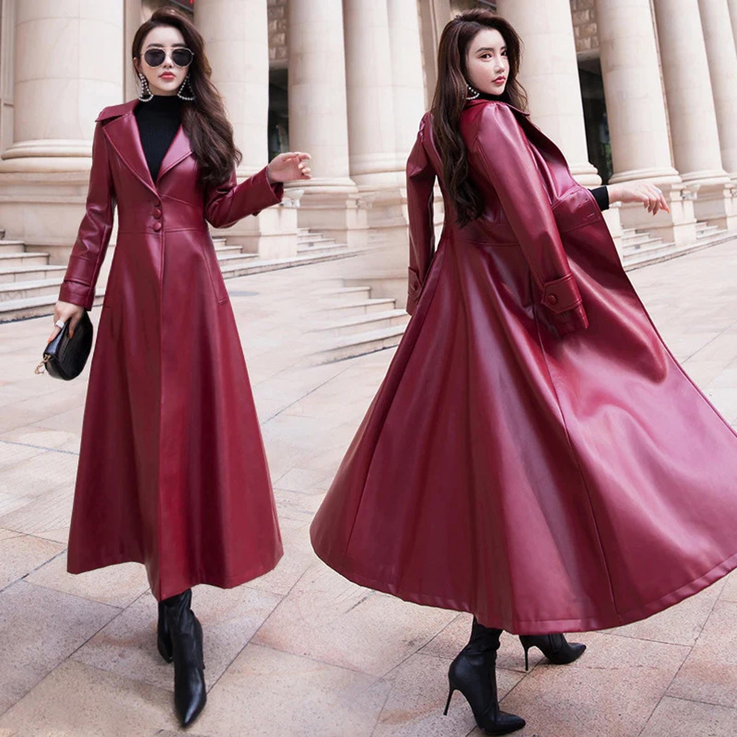 Women's Single-breasted leather trench coat autumn slim European and American over the knee lapel