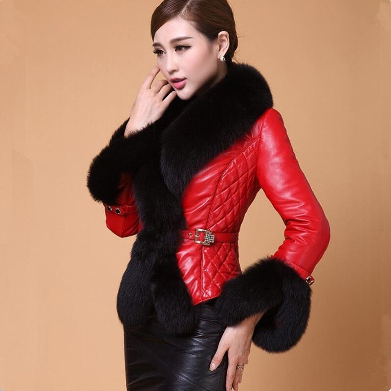 Stylish Leather Coat For Women | Fox Fur Collar Jacket