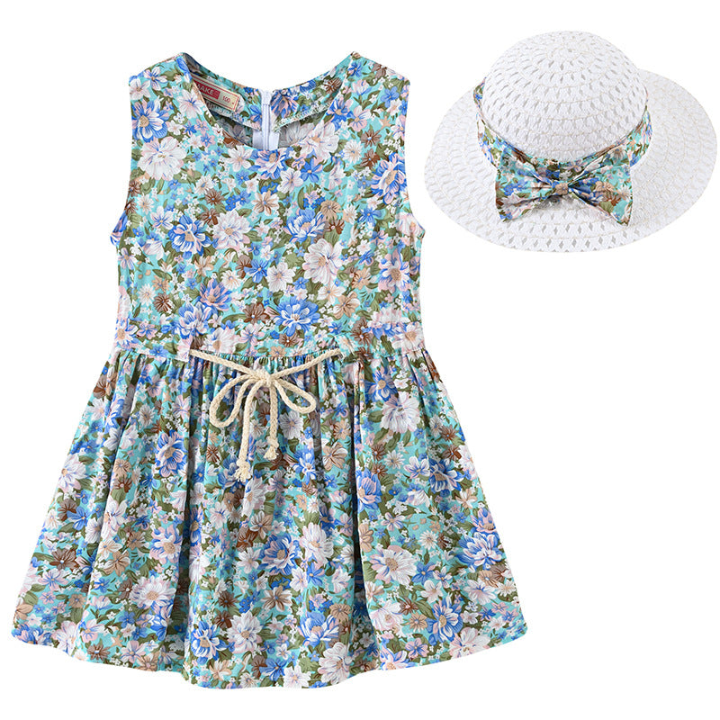 Girls Fashion Print Sleeveless Dress Hat Set