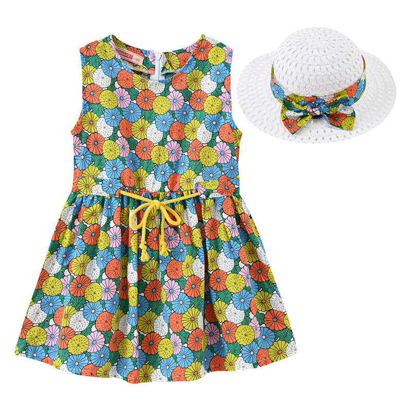 Girls Fashion Print Sleeveless Dress Hat Set