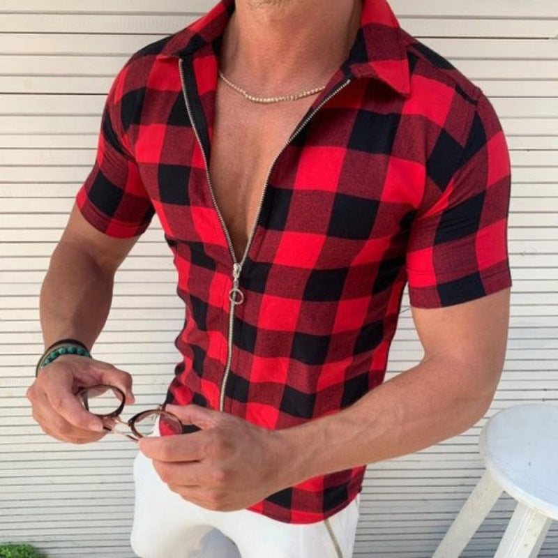 Plaid T Shirt Mens Zipper Short Sleeve Shirts Men Clothing