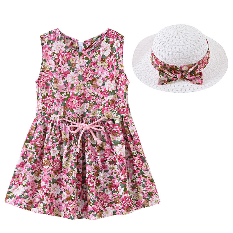 Girls Fashion Print Sleeveless Dress Hat Set