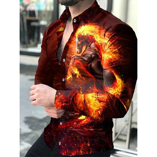 Large Size Men's Casual Fashion 3D Digital Printing Long Sleeve Shirt
