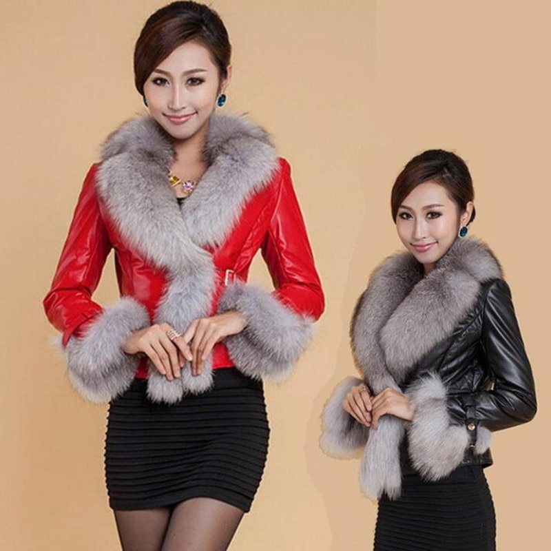 Stylish Leather Coat For Women | Fox Fur Collar Jacket
