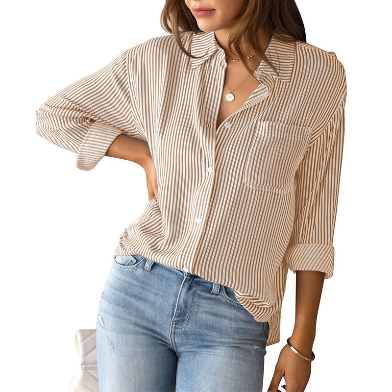 Women's Casual Loose Striped Long Sleeve Shirt for Home or Outing