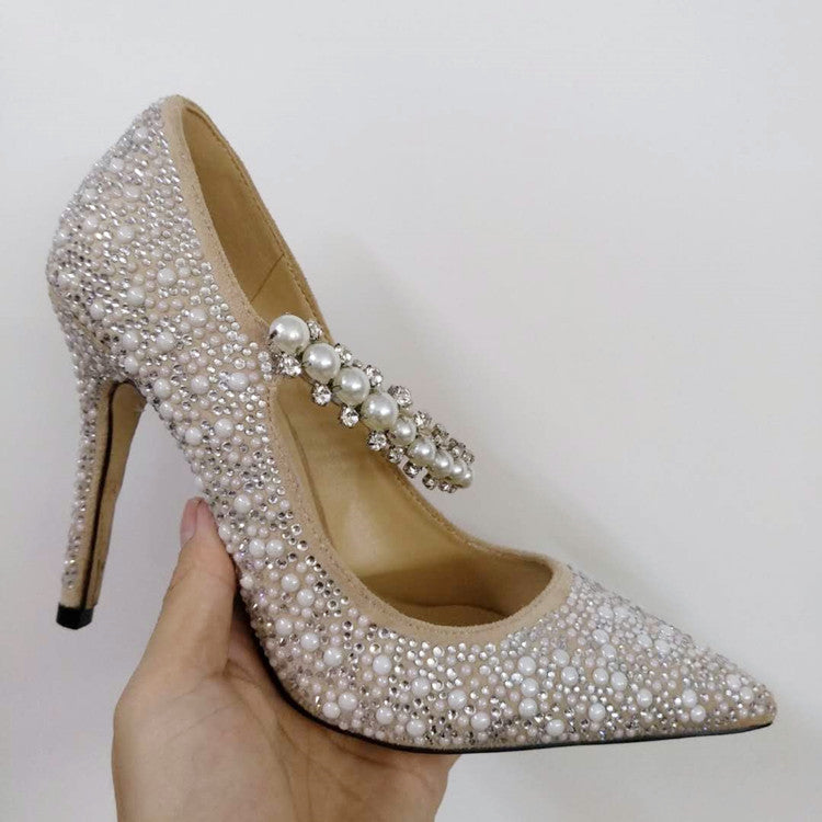 Mouth Rhinestones Pearl Flat High Heels Single Shoes Women