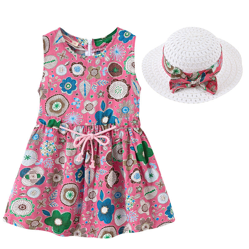 Girls Fashion Print Sleeveless Dress Hat Set
