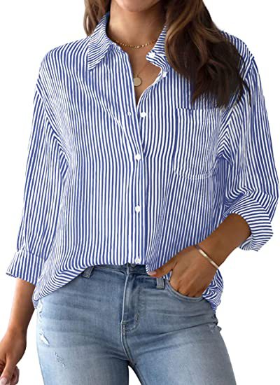 Women's Casual Loose Striped Long Sleeve Shirt for Home or Outing
