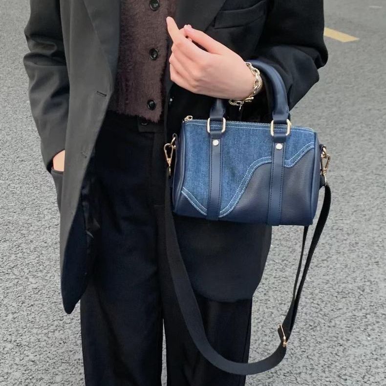 Retro Denim Patchwork Leather Boston Bag
