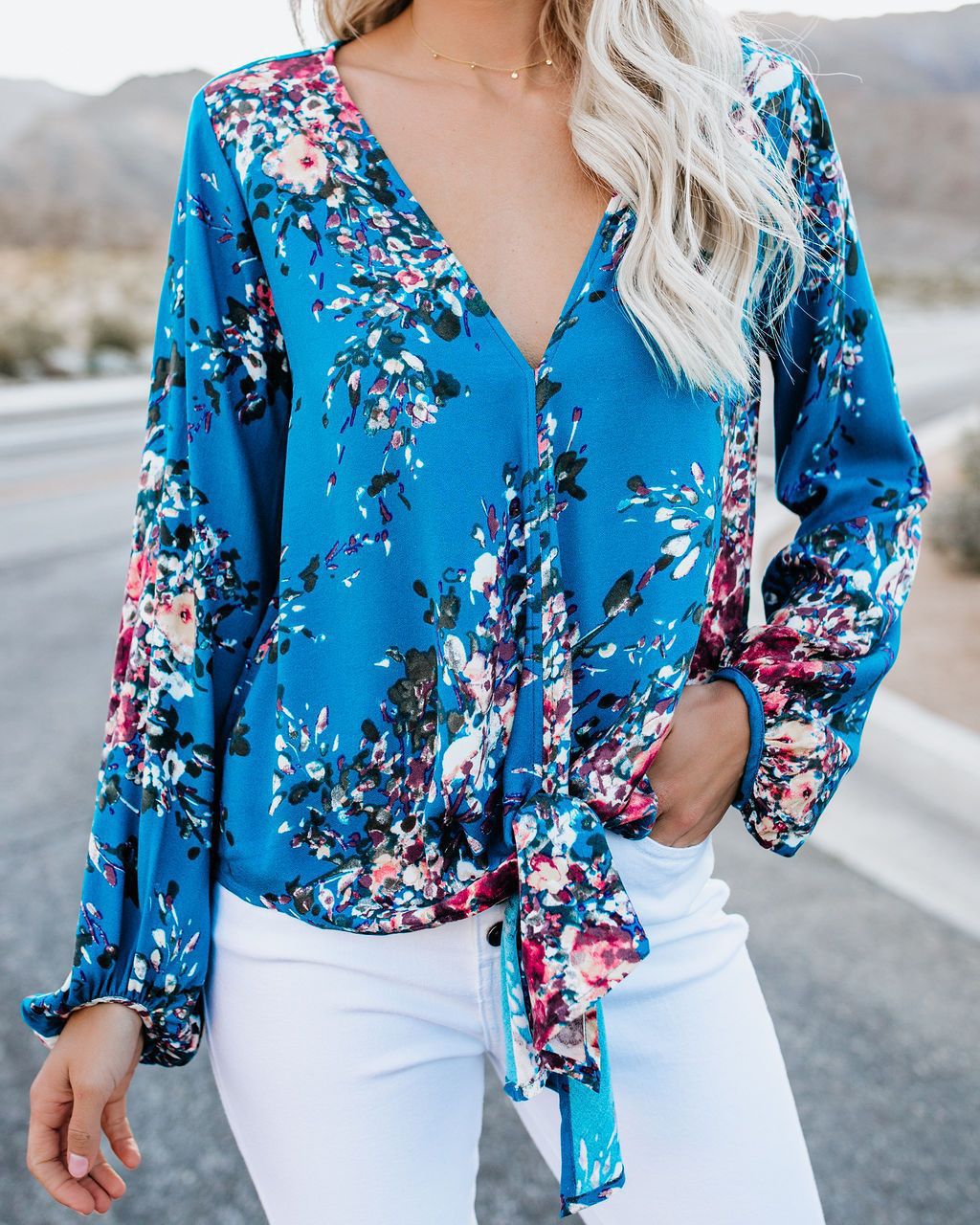 Women’s V-Neck Long Sleeve Knotted Top – Vintage Print Fashion Shirt