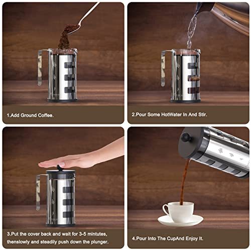 French Press Cafetiere 4 Cups, Stainless Steel Body Shell Coffee Maker- Heat Resistant - Stainless Steel Filter - To Start the Day and End the Afternoon
