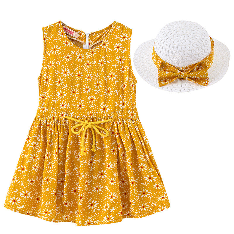 Girls Fashion Print Sleeveless Dress Hat Set
