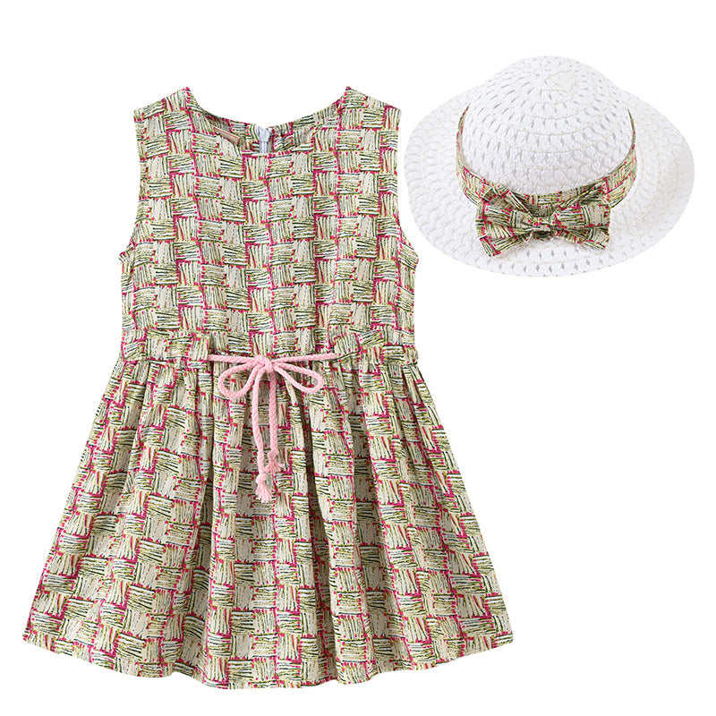 Girls Fashion Print Sleeveless Dress Hat Set