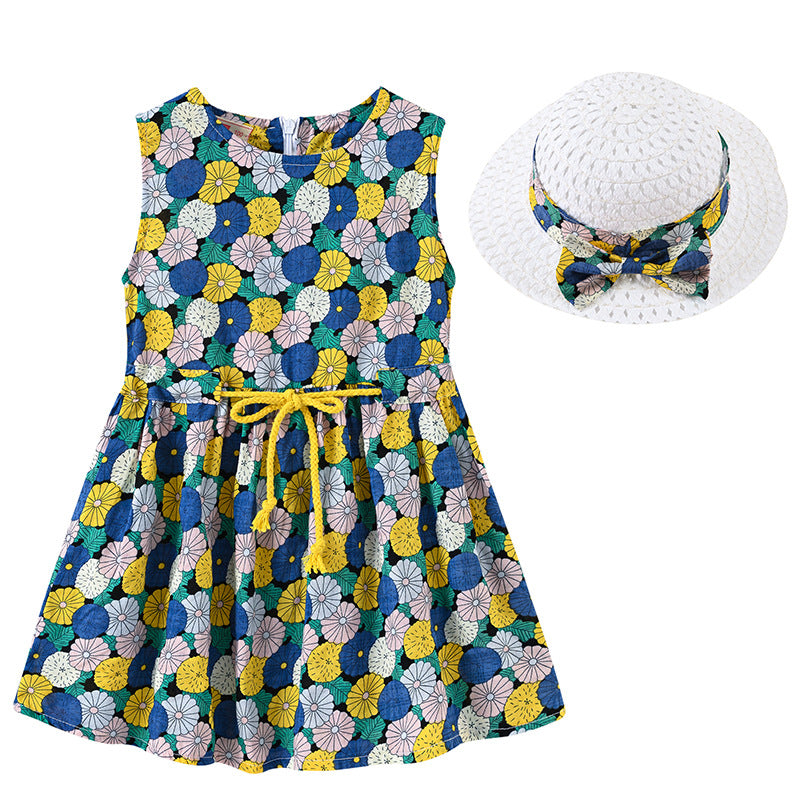 Girls Fashion Print Sleeveless Dress Hat Set