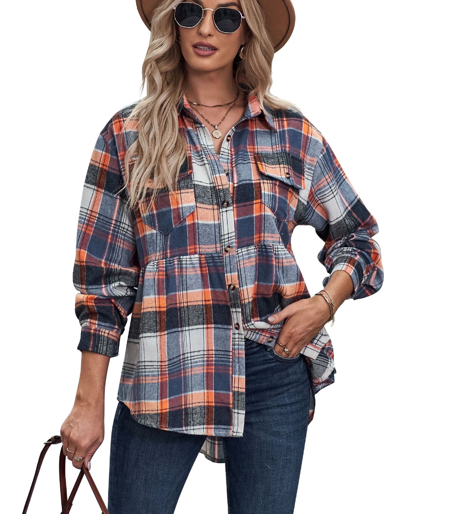 Women's Casual Check Sexy Shirt In Europe And America | Orange And Other Colors
