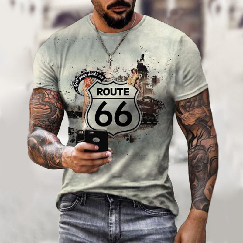 European And American Men's Route 66 Printed Casual Round Neck T-Shirt