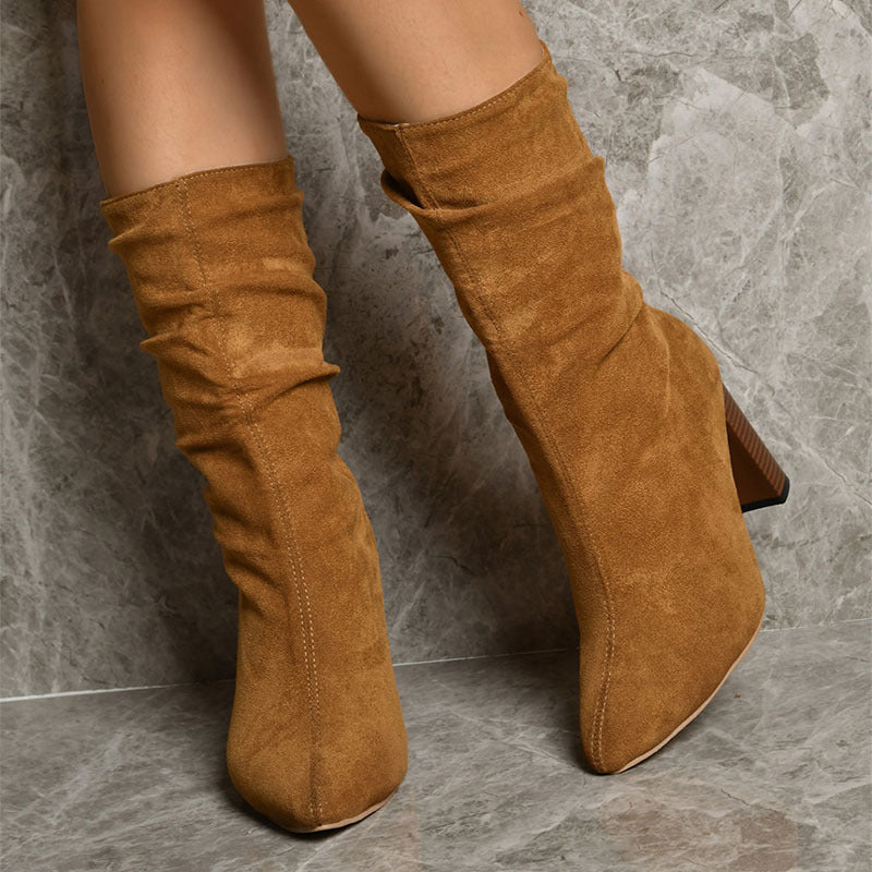 Pointed Toe High Block Heels Boots Woman | Fashion Trendy Solid Shoes