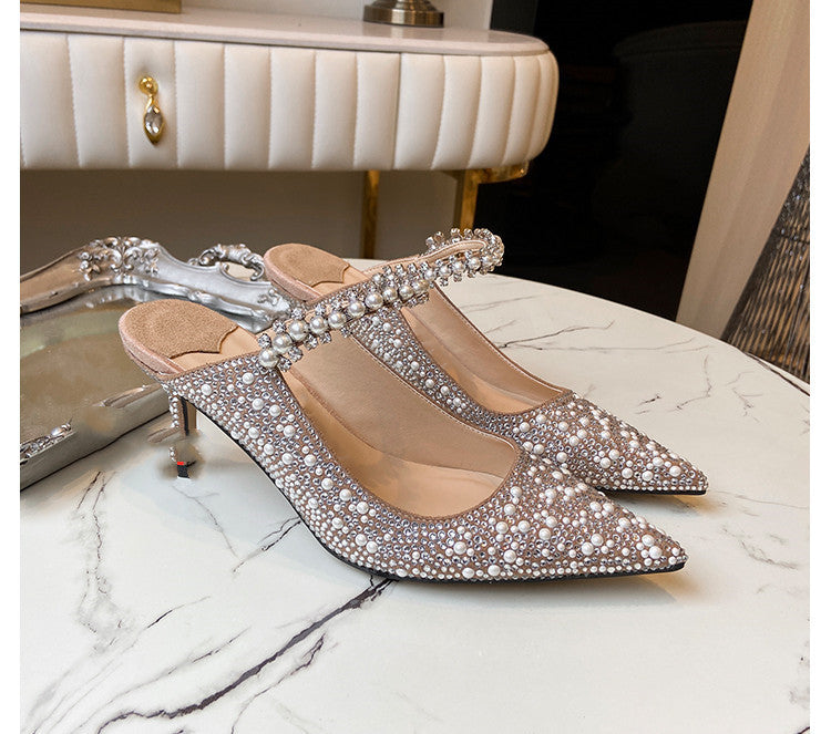 Mouth Rhinestones Pearl Flat High Heels Single Shoes Women