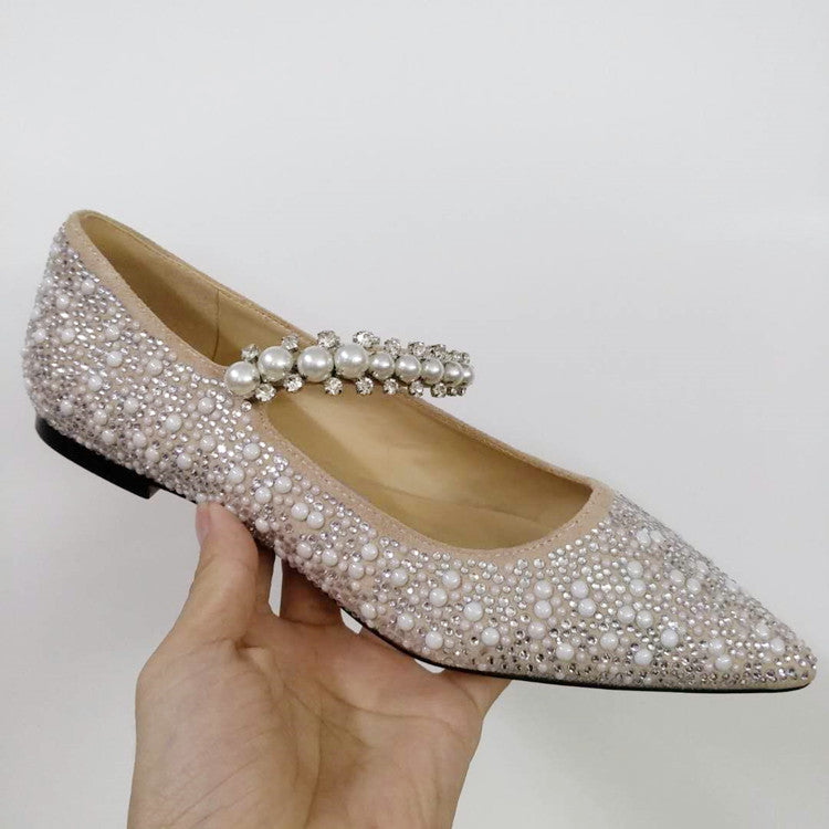 Mouth Rhinestones Pearl Flat High Heels Single Shoes Women