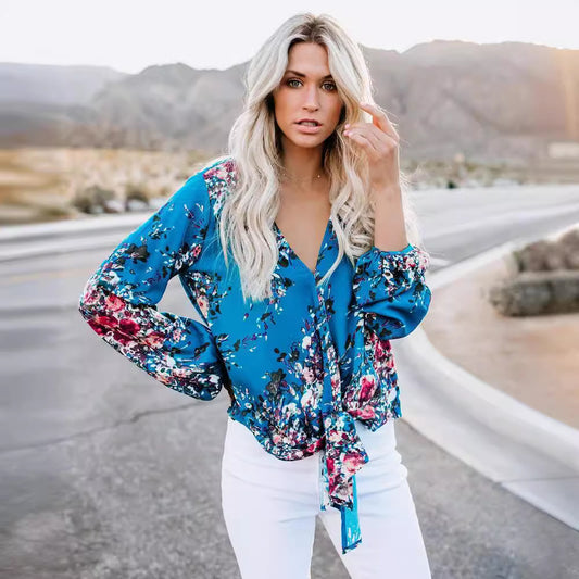 Women’s V-Neck Long Sleeve Knotted Top – Vintage Print Fashion Shirt
