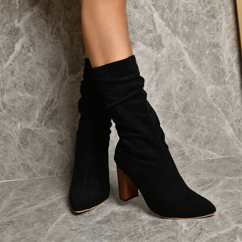Pointed Toe High Block Heels Boots Woman |  Fashion Trendy Solid Shoes