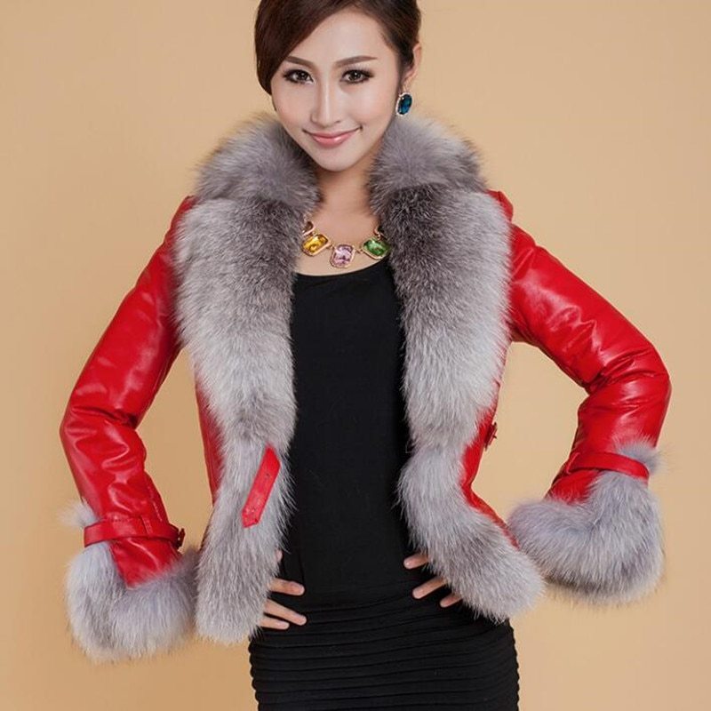 Stylish Leather Coat For Women | Fox Fur Collar Jacket