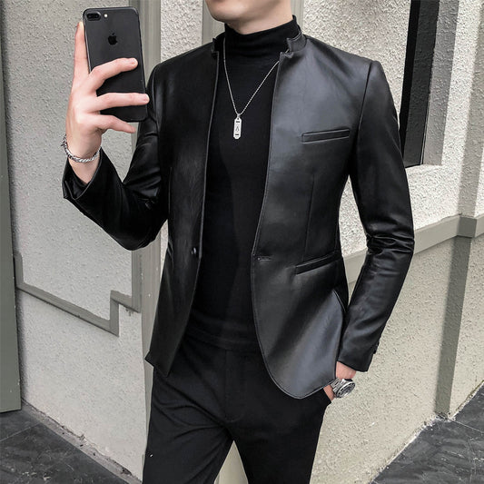 Men's PU Leather Vintage Modern Slim Elegant Button Coat