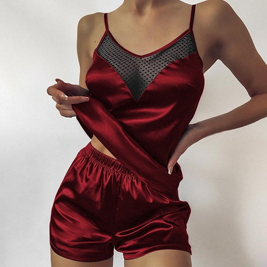 Satin Pajamas | Tops And Shorts Women's Silk Pajamas Solid Color