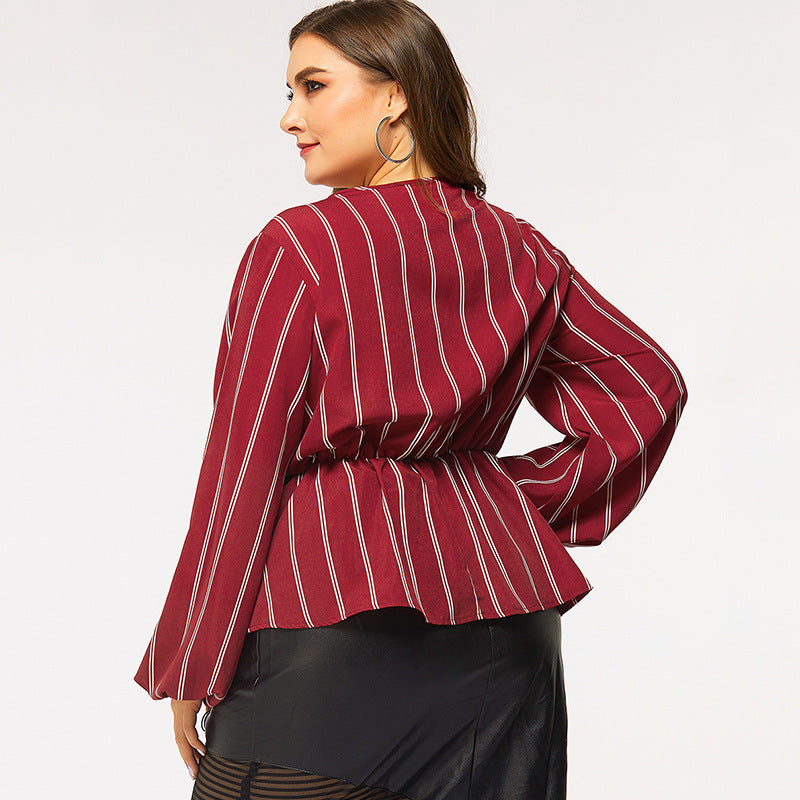 Women Stylish Long-sleeved V-neck Slim-fit Blouse