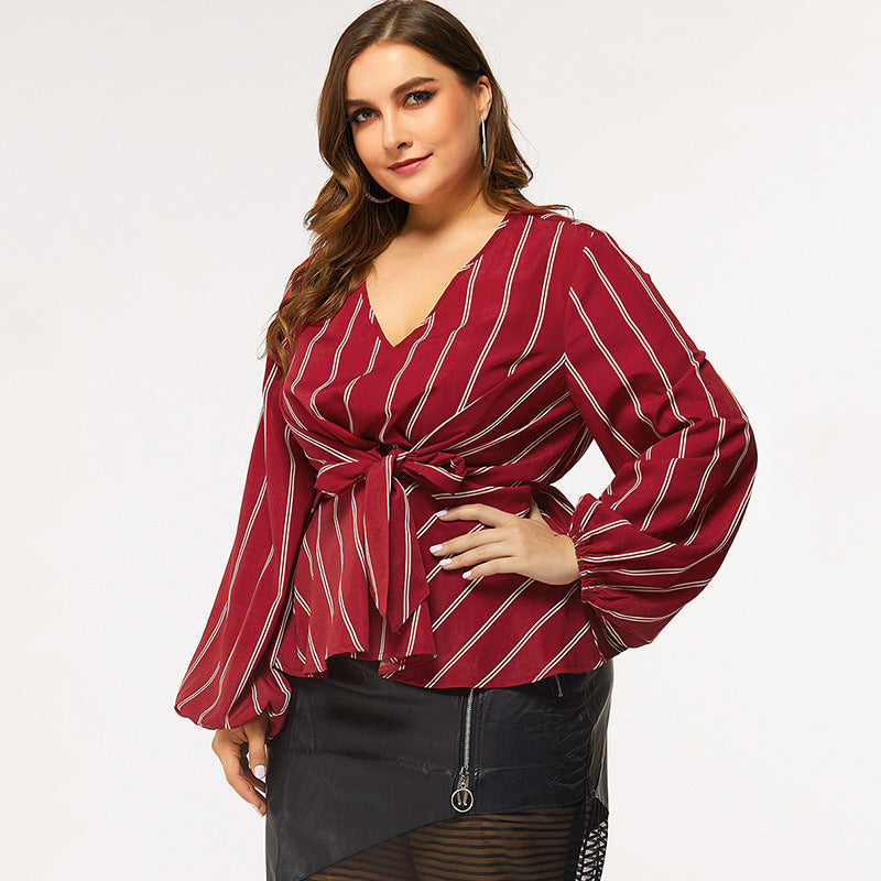 Women Stylish Long-sleeved V-neck Slim-fit Blouse