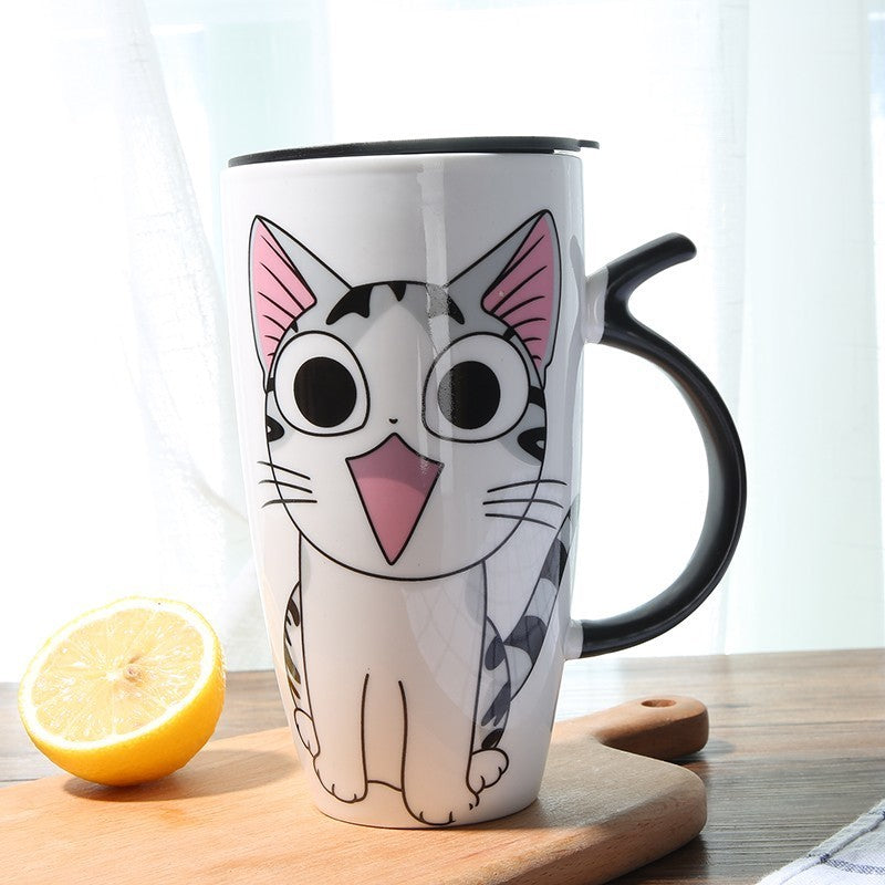 Cute Cat Ceramics Coffee Mug With Lid Large Capacity 600ml. To Start The Day
