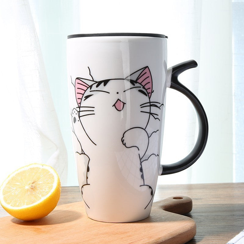 Cute Cat Ceramics Coffee Mug With Lid Large Capacity 600ml. To Start The Day
