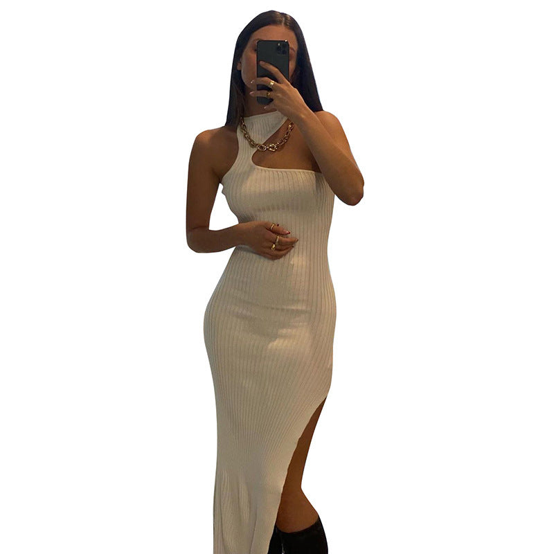 White Solid Color Halterneck Irregular Ribbed Split Dress To Look Sexier