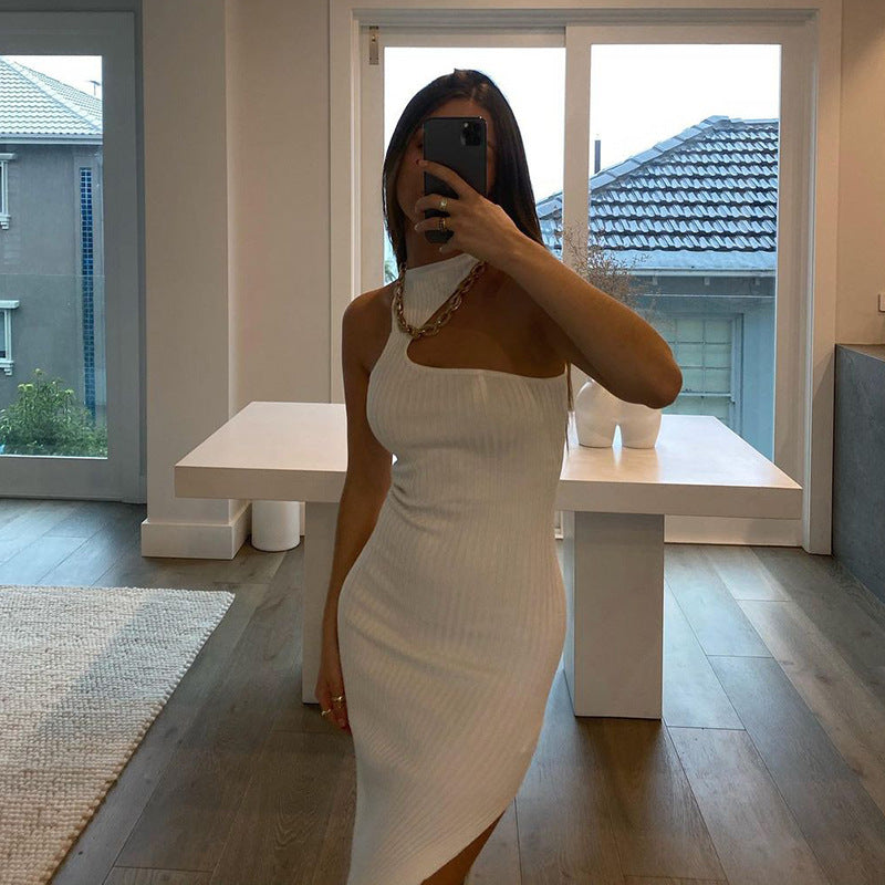 White Solid Color Halterneck Irregular Ribbed Split Dress To Look Sexier