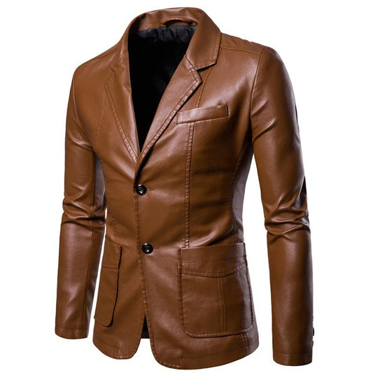 Men's Brown Slim Lapel All-match PU Small Suit Men's Lapel Leather Suit Leather Jacket