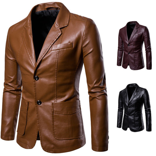 Men's Brown Slim Lapel All-match PU Small Suit Men's Lapel Leather Suit Leather Jacket