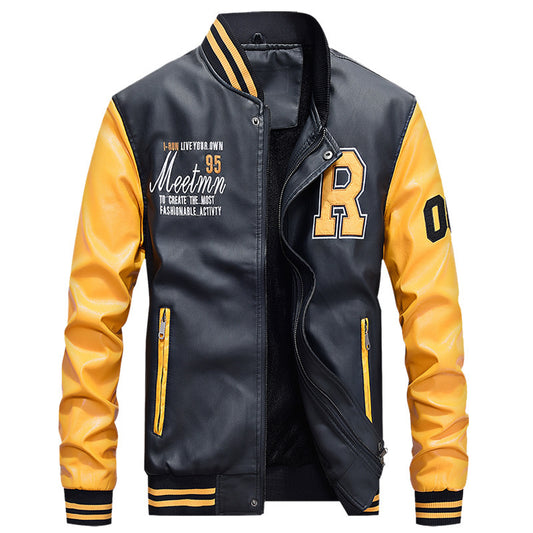 Men's Yellow PU Leather Casual jacket For University Outfit