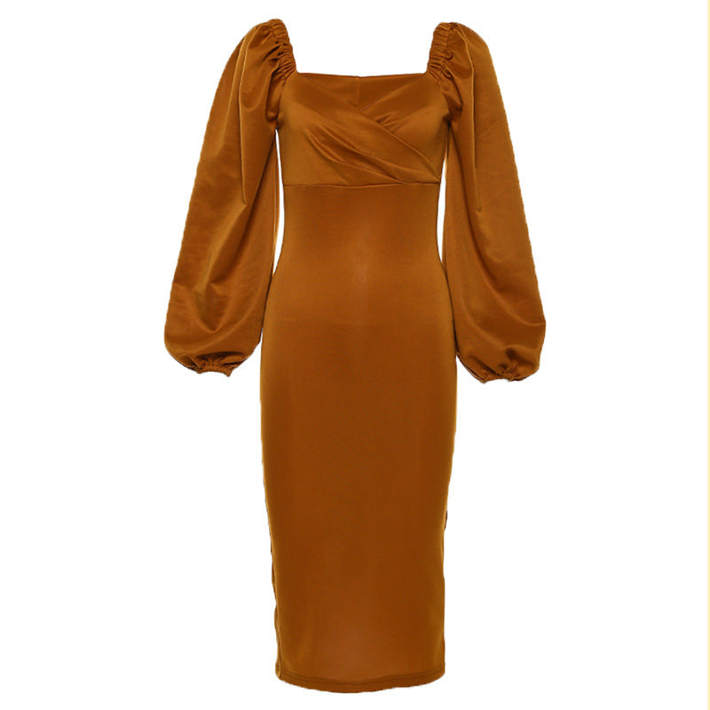 Elegant Puff Sleeve Waist Dress for Women – Temperament Midi Dress