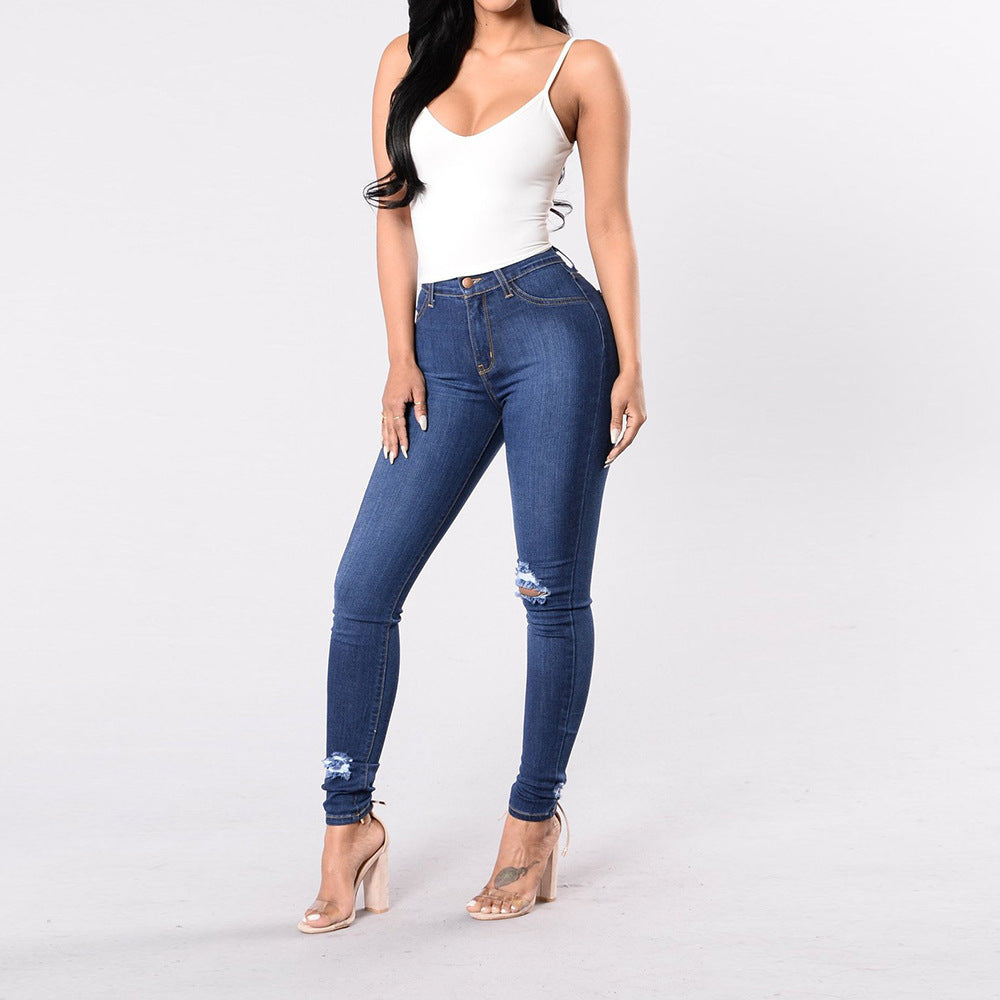 Ripped Slim Slim Pants Dark Temperament Denim Pants