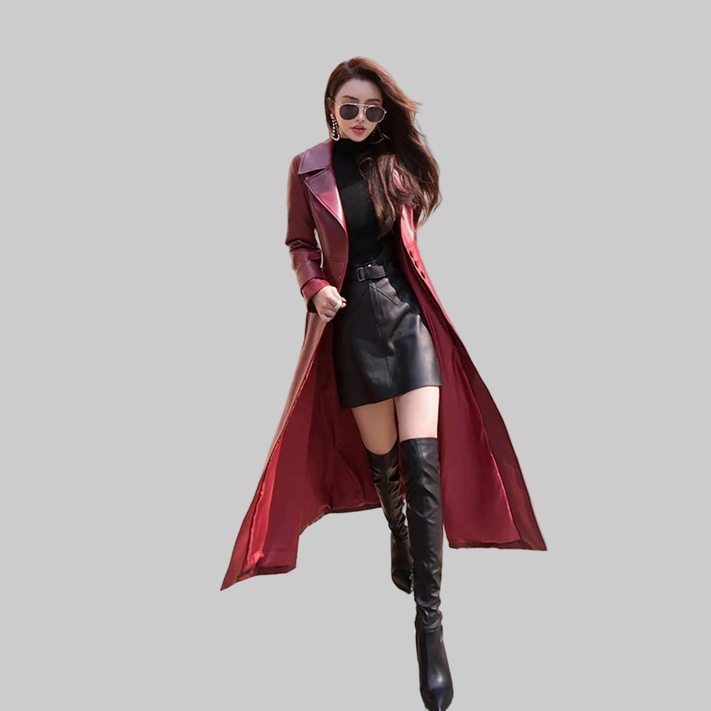 Women's Single-breasted leather trench coat  autumn slim European and American over the knee lapel