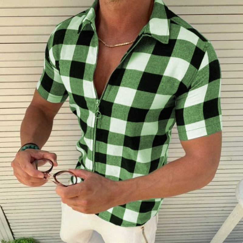 Plaid T Shirt Mens Zipper Short Sleeve Shirts Men Clothing